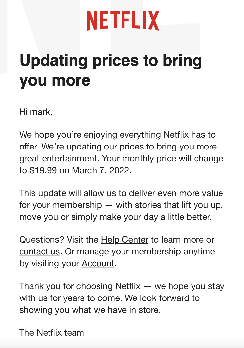 good customer service stories, email from netflix 